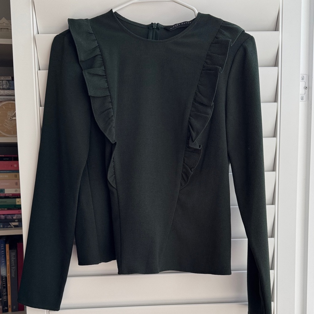 Zara Woman Forest Green Ruffle Detail Blouse